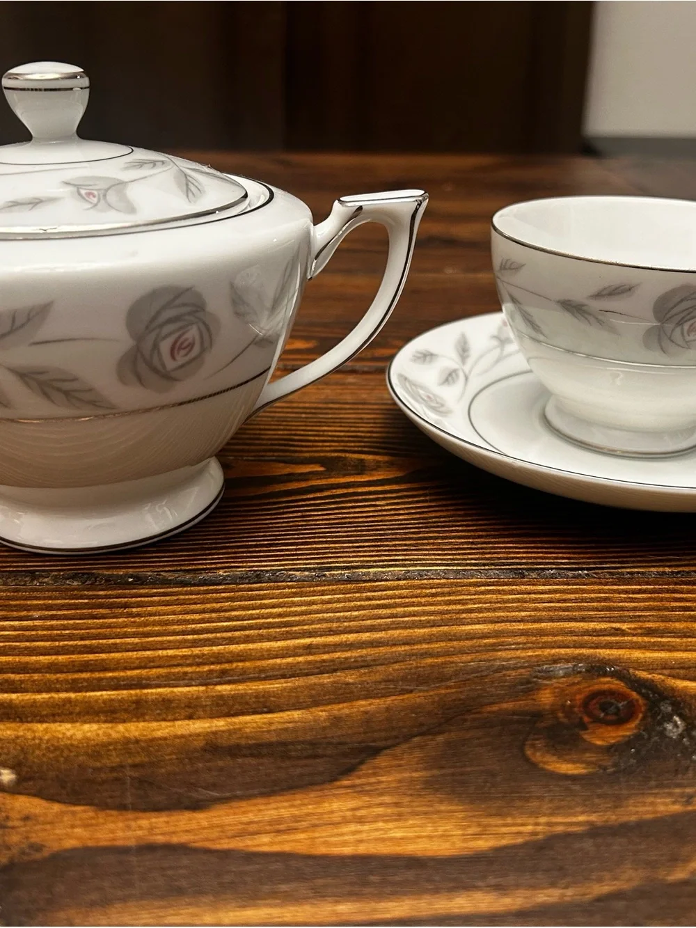 White Porcelain Tea Service with Silver Rose Trim